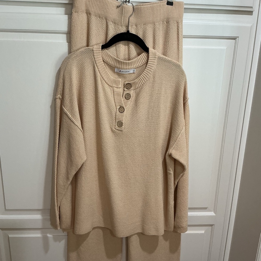 Aanrabess leisure set,Sz L,waffle knit 2 piece,lightweight,wide leg pants,comfy